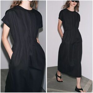 ZARA ZW COLLECTION LINEN PLEATED MIDI DRESS